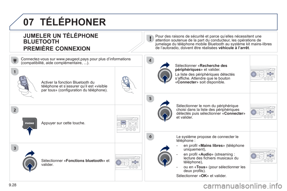 Peugeot Partner 2012  Manuel du propriétaire (in French) 9.28
07
   
 
 
 
 
 
 
 
 
 
 
JUMELER UN TÉLÉPHONE
BLUETOOTH  
PREMIÈRE CONNEXION   Pour des raisons de sécurité et parce qu’elles nécessitent une 
attention soutenue de la part du conducteu