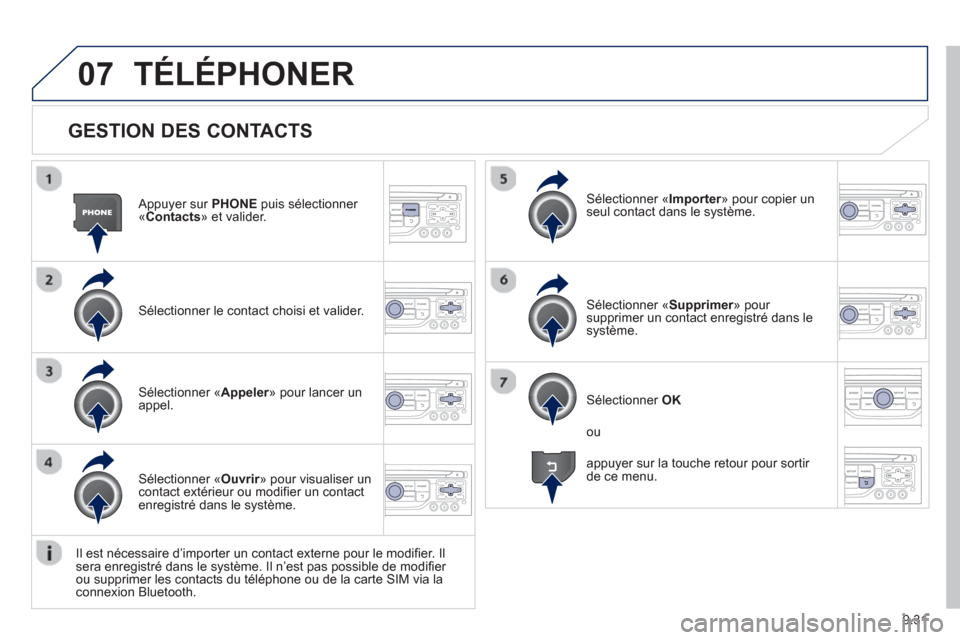 Peugeot Partner 2012  Manuel du propriétaire (in French) 9.31
07
   
GESTION DES CONTACTS
 
 
Appuyer sur PHONE 
 puis sélectionner « 
Contacts» et valider.   
Sélectionner le contact choisi et valider.  
Sélectionner «Importer» pour copier un rseul 