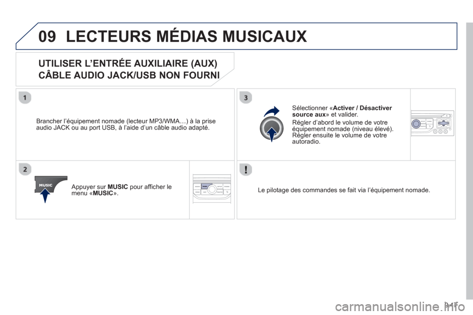 Peugeot Partner 2012  Manuel du propriétaire (in French) 9.47
09LECTEURS MÉDIAS MUSICAUX
UTILISER L’ENTRÉE AUXILIAIRE (AUX)   
CÂBLE AUDIO JACK/USB NON FOURNI 
   
Brancher l’équipement nomade (lecteur MP3/WMA…) à la prise
audio JACK ou au port U