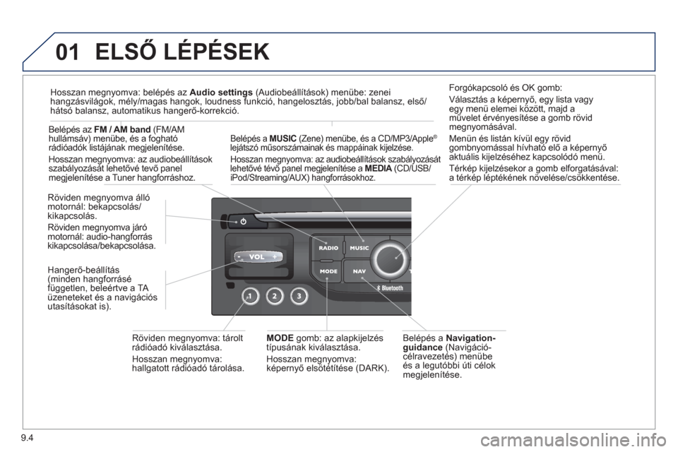 Peugeot Partner 2012  Kezelési útmutató (in Hungarian) 9.4
01  ELSŐ LÉPÉSEK
 
 
Belépés a  Navigation- guidance 
 (Navigáció-célravezetés) menübe és a legutóbbi úti célokmegjelenítése  .
Röviden megnyomva álló
motornál: bekapcsolás/ki