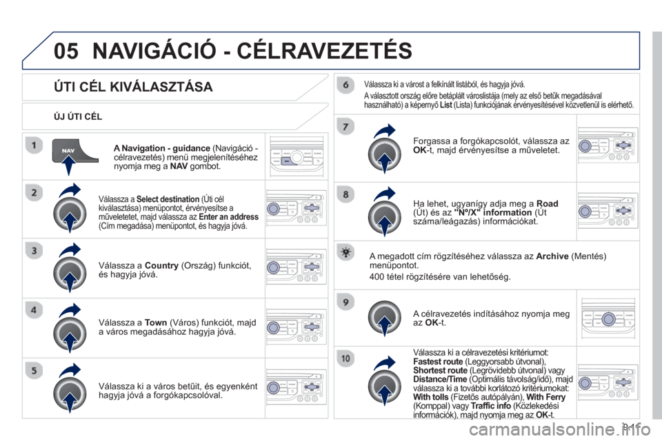 Peugeot Partner 2012 Kezelési útmutató (in Hungarian) 9.11
05
Navigation - guidance (Navigáció -célravezetés) menü megjelenítéséhez
nyomja meg a NAV gombot. V
ÚJ ÚTI CÉL
NAVIGÁCIÓ - CÉLRAVEZETÉS
ÚTI CÉL KI Peugeot Partner 2012 Kezelési útmutató (in Hungarian) 9.11
05
Navigation - guidance (Navigáció -célravezetés) menü megjelenítéséhez
nyomja meg a NAV gombot. V
ÚJ ÚTI CÉL
NAVIGÁCIÓ - CÉLRAVEZETÉS
ÚTI CÉL KI