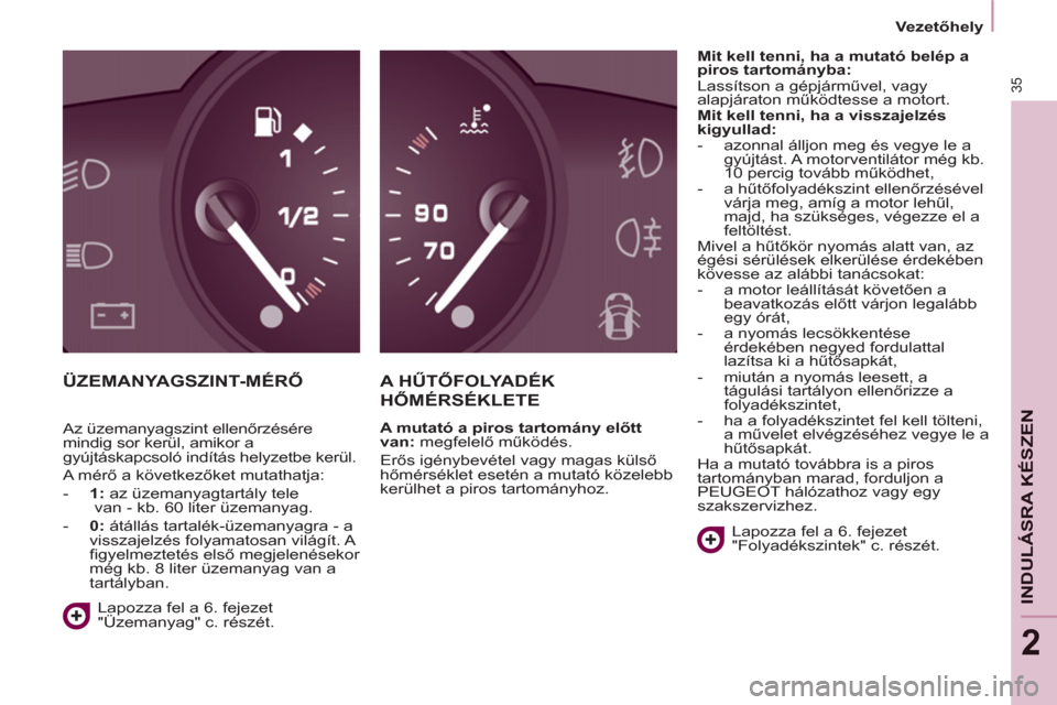 Peugeot Partner 2012  Kezelési útmutató (in Hungarian) 2
   
 
Vezetőhely  
 
35
INDULÁSRA KÉSZE
N
 
ÜZEMANYAGSZINT-MÉRŐ A HŰTŐFOLYADÉK
HŐMÉRSÉKLETE
 
 
A mutató a piros tartomány előtt 
van: 
 megfelelő működés. 
  Erős igénybevétel