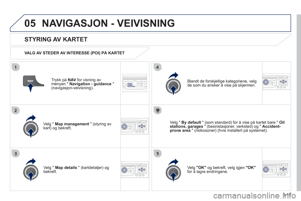 Peugeot Partner 2012  Brukerhåndbok (in Norwegian) 9.19
05NAVIGASJON - VEIVISNING 
Trykk på  NAV   for visning av
menyen " Navigation - guidance"(navigasjon-veivisning).  
 
 
STYRING AV KARTET
 
 VALG AV STEDER AV INTERESSE (POI) PÅ KARTET
Velg " M