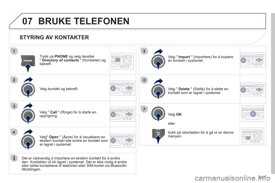 Peugeot Partner 2012 Brukerhåndbok (in Norwegian) 9.31
07
STYRING AV KONTAKTER
Trykk på PHONEog velg deretter "Directory of contacts
" (Kontakter) og bekreft.
Ve l
g kontakt og bekreft.Ve l
g " Import " (Importere) for å kopiere én kont Peugeot Partner 2012 Brukerhåndbok (in Norwegian) 9.31
07
STYRING AV KONTAKTER
Trykk på PHONEog velg deretter "Directory of contacts
" (Kontakter) og bekreft.
Ve l
g kontakt og bekreft.Ve l
g " Import " (Importere) for å kopiere én kont