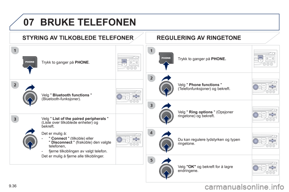 Peugeot Partner 2012 Brukerhåndbok (in Norwegian) 9.36
07
Trykk to ganger på PHONE.
Ve l
g " List of the paired peripherals"(Liste over tilkoblede enheter) og bekreft.
Det er muli
g å:
-"Connec
t" (tilkoble) eller
"Disconnect " (frakoble) den Peugeot Partner 2012 Brukerhåndbok (in Norwegian) 9.36
07
Trykk to ganger på PHONE.
Ve l
g " List of the paired peripherals"(Liste over tilkoblede enheter) og bekreft.
Det er muli
g å:
-"Connec
t" (tilkoble) eller
"Disconnect " (frakoble) den