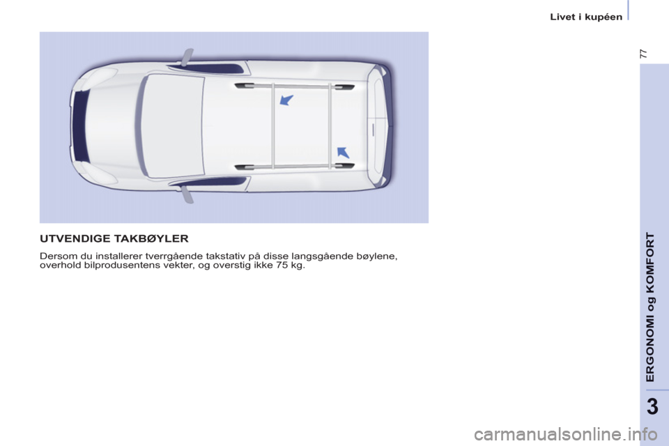 Peugeot Partner 2012  Brukerhåndbok (in Norwegian) 3
   
 
Livet i kupéen  
 
77
ERGONOMI o
g KOMFOR
T 
UTVENDIGE TAKBØYLER 
 
Dersom du installerer tverrgående takstativ på disse langsgående bøylene, 
overhold bilprodusentens vekter, og oversti
