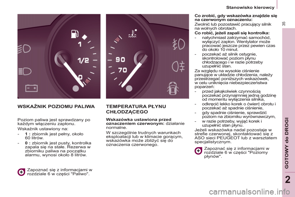 Peugeot Partner 2012  Instrukcja Obsługi (in Polish) 2
   
 
Stanowisko kierowcy  
 
35
GOTOWY do DROGI
 
WSKAŹNIK POZIOMU PALIWA TEMPERATURA PŁYNU
CHŁODZ
ĄCEGO
 
 
Wskazówka ustawiona przed 
oznaczeniem czerwonym: 
 działanie 
normalne. 
  W szcz