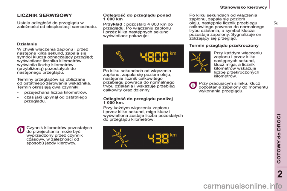 Peugeot Partner 2012  Instrukcja Obsługi (in Polish) 2
   
 
Stanowisko kierowcy  
 
37
GOTOWY do DROGI
 
LICZNIK SERWISOWY 
 
Ustala odległość do przeglądu w 
zależności od eksploatacji samochodu.     
Odległość do przeglądu ponad 
1 000 km 
