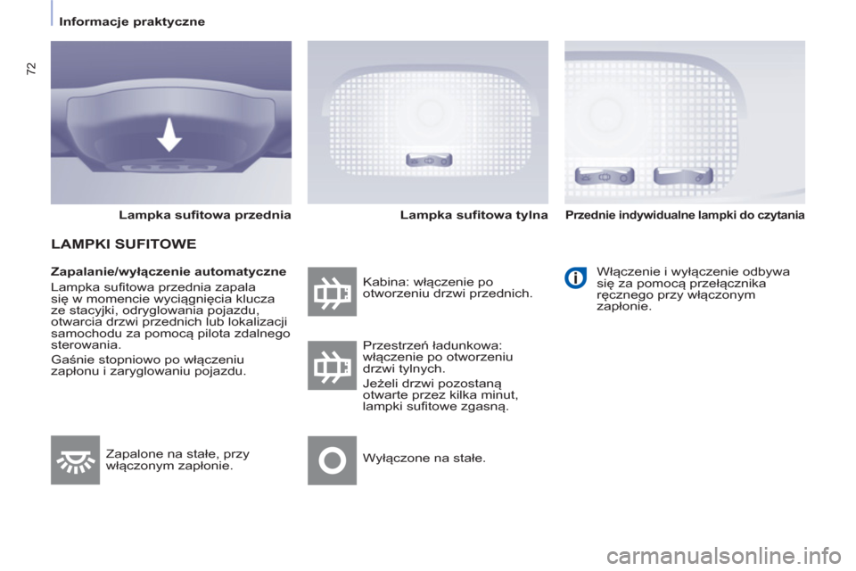 Peugeot Partner 2012 Instrukcja Obsługi (in Polish)
Informacje praktyczne
72
Zapalanie/wyłączenie automatyczne
Lampka sufitowa przednia zapala
się w momencie wyciągnięcia klucza
ze stacyjki, odryglowania pojazdu,
otwarcia drzwi Peugeot Partner 2012 Instrukcja Obsługi (in Polish)
Informacje praktyczne
72
Zapalanie/wyłączenie automatyczne
Lampka sufitowa przednia zapala
się w momencie wyciągnięcia klucza
ze stacyjki, odryglowania pojazdu,
otwarcia drzwi