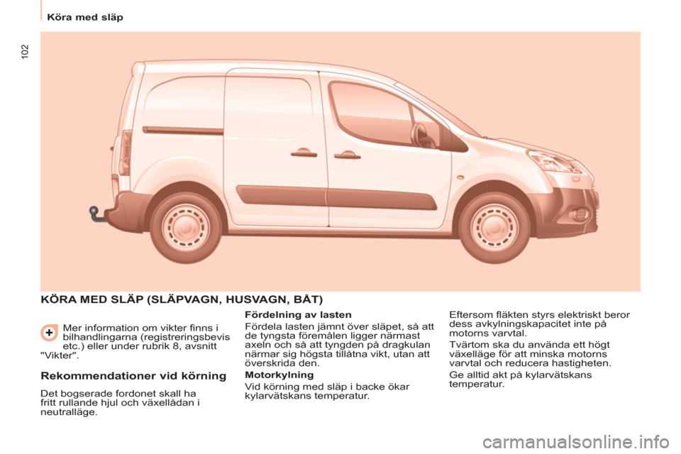 Peugeot Partner 2012 Ägarmanual (in Swedish) 102
Köra med släp
Mer information om vikter finns i
bilhandlingarna (registreringsbevis
etc.) eller under rubrik 8, avsnitt
"Vikter".
KÖRA MED SLÄP (SLÄPVAGN, HUSVAGN, BÅT)
Peugeot Partner 2012 Ägarmanual (in Swedish) 102
Köra med släp
Mer information om vikter finns i
bilhandlingarna (registreringsbevis
etc.) eller under rubrik 8, avsnitt
"Vikter".
KÖRA MED SLÄP (SLÄPVAGN, HUSVAGN, BÅT)