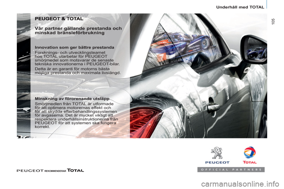 Peugeot Partner 2012 Ägarmanual (in Swedish)
Underhåll med TOTAL
105
REKOMMENDERAR
Vår partner gällande prestanda och
minskad bränsleförbrukning
Innovation som ger bättre prestanda
Forsknings- och utveck Peugeot Partner 2012 Ägarmanual (in Swedish)
Underhåll med TOTAL
105
REKOMMENDERAR
Vår partner gällande prestanda och
minskad bränsleförbrukning
Innovation som ger bättre prestanda
Forsknings- och utveck
