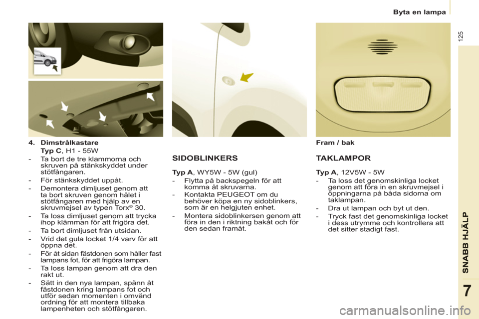 Peugeot Partner 2012 Ägarmanual (in Swedish)
Byta en lampa
125
7
4.
Dimstrålkastare
Typ C
, H1 - 55W
- Ta bort de tre klammorna och
skruven på stänkskyddet under
stötfångaren.
- För stänkskyddet Peugeot Partner 2012 Ägarmanual (in Swedish)
Byta en lampa
125
7
4.
Dimstrålkastare
Typ C
, H1 - 55W
- Ta bort de tre klammorna och
skruven på stänkskyddet under
stötfångaren.
- För stänkskyddet