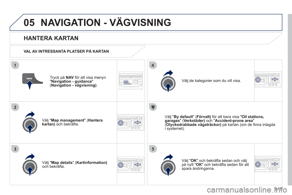 Peugeot Partner 2012  Ägarmanual (in Swedish) 9.19
05NAVIGATION - VÄGVISNING
Tryck på  NAV   för att visa menyn
"Navigation - guidance"( 
Navigation - vägvisning).
 
 
HANTERA KARTAN
 
 VAL AV INTRESSANTA PLATSER PÅ KARTAN  
V
älj "Map mana