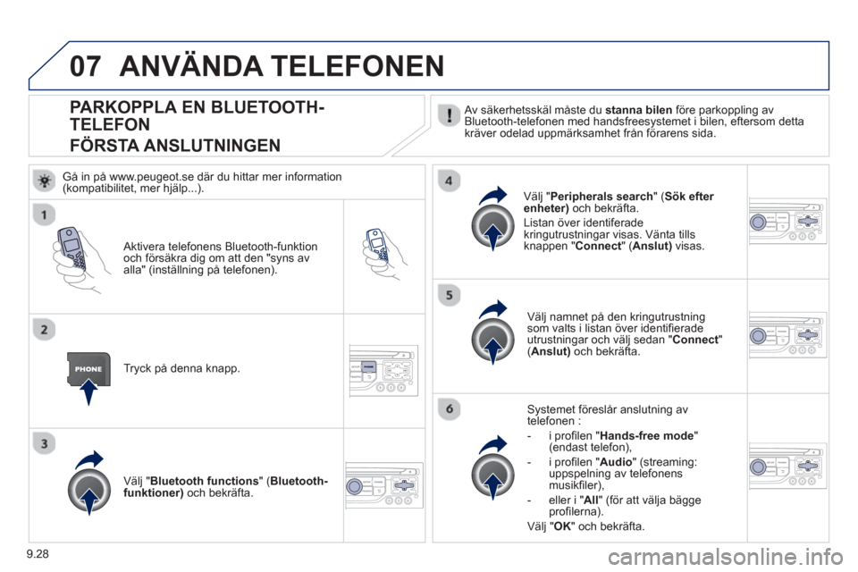 Peugeot Partner 2012  Ägarmanual (in Swedish) 9.28
07
   
 
 
 
 
 
 
 
 
 
 
PARKOPPLA EN BLUETOOTH-
TELEFON
FÖRSTA ANSLUTNINGEN
   Av säkerhetsskäl måste du  stanna bilen 
 före parkoppling av
Bluetooth-telefonen med handsfreesystemet i bi