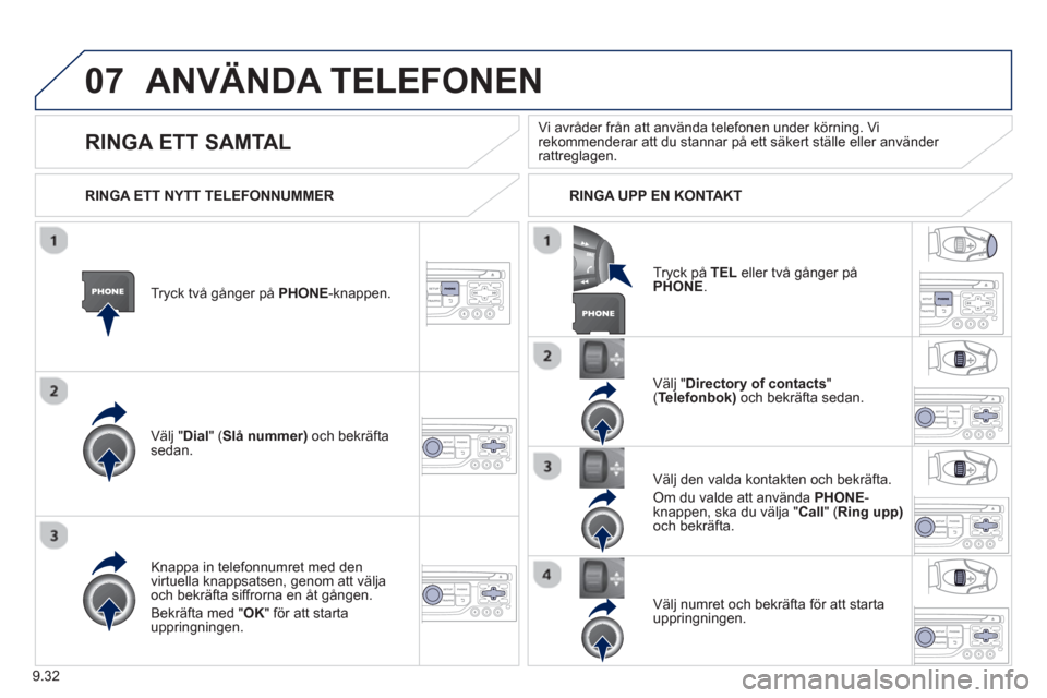 Peugeot Partner 2012 Ägarmanual (in Swedish) 9.32
07ANVÄNDA TELEFONEN
Tryck två gånger på PHONE
-knappen.
V
älj "Dial" (Slå nummer) och bekräftasedan. V
älj " Directory of contacts"( Telefonbok)och bekräfta sedan.
Kna
ppa in tele Peugeot Partner 2012 Ägarmanual (in Swedish) 9.32
07ANVÄNDA TELEFONEN
Tryck två gånger på PHONE
-knappen.
V
älj "Dial" (Slå nummer) och bekräftasedan. V
älj " Directory of contacts"( Telefonbok)och bekräfta sedan.
Kna
ppa in tele