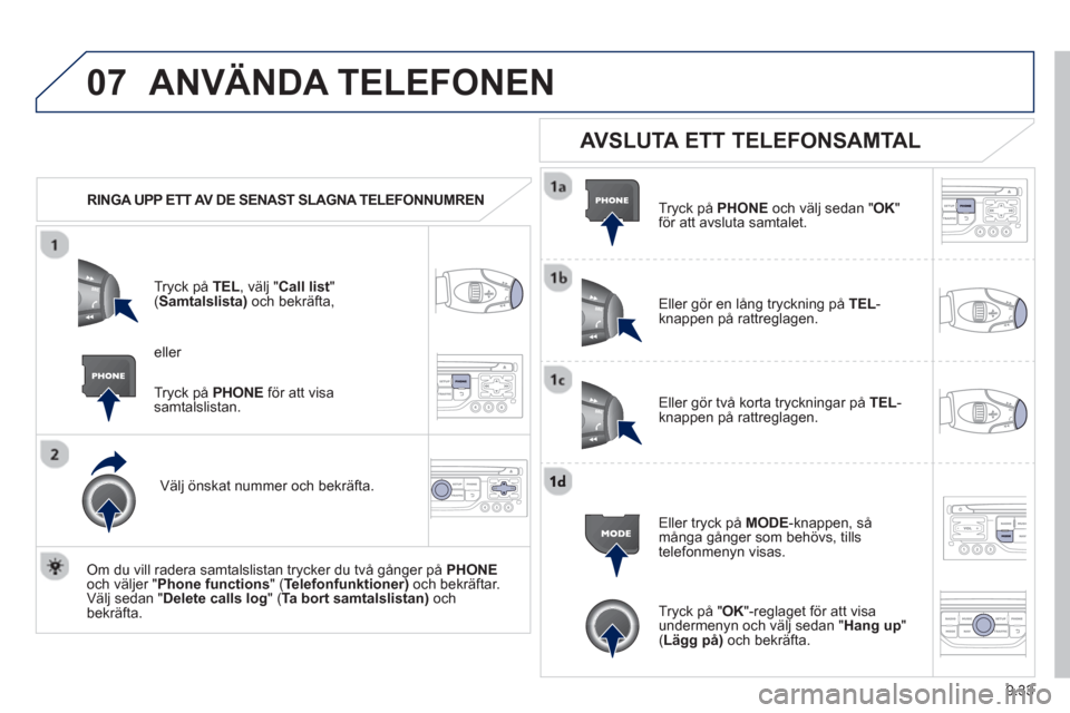 Peugeot Partner 2012 Ägarmanual (in Swedish) 9.33
07ANVÄNDA TELEFONEN
RINGA UPP ETT AV DE SENAST SLAGNA TELEFONNUMREN
Tr
yck på TEL , välj " Call list"(
Samtalslista)och bekräfta,
Väl
j önskat nummer och bekräfta.
Om du Peugeot Partner 2012 Ägarmanual (in Swedish) 9.33
07ANVÄNDA TELEFONEN
RINGA UPP ETT AV DE SENAST SLAGNA TELEFONNUMREN
Tr
yck på TEL , välj " Call list"(
Samtalslista)och bekräfta,
Väl
j önskat nummer och bekräfta.
Om du