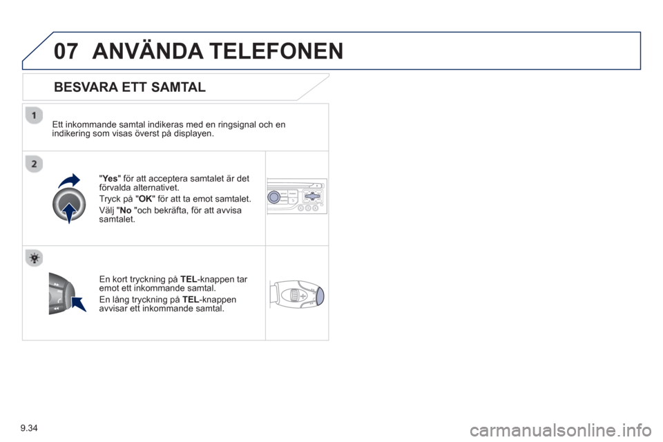 Peugeot Partner 2012 Ägarmanual (in Swedish) 9.34
07ANVÄNDA TELEFONEN
BESVARA ETT SAMTAL
Ett inkommande samtal indikeras med en ringsignal och en
indikering som visas överst på displayen.
"Yes" för att acceptera samtalet är det f Peugeot Partner 2012 Ägarmanual (in Swedish) 9.34
07ANVÄNDA TELEFONEN
BESVARA ETT SAMTAL
Ett inkommande samtal indikeras med en ringsignal och en
indikering som visas överst på displayen.
"Yes" för att acceptera samtalet är det f