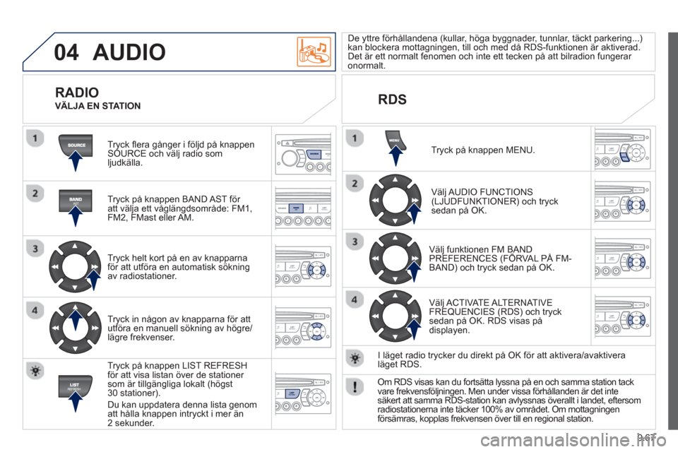 Peugeot Partner 2012 Ägarmanual (in Swedish) 9.67
04 AUDIO
Tryck flera gånger i följd på knappen SOURCE och välj radio som
ljudkälla.
Tryck på knappen BAND AST för
att väl
ja ett våglängdsområde: FM1,
FM2, FMast eller AM. Peugeot Partner 2012 Ägarmanual (in Swedish) 9.67
04 AUDIO
Tryck flera gånger i följd på knappen SOURCE och välj radio som
ljudkälla.
Tryck på knappen BAND AST för
att väl
ja ett våglängdsområde: FM1,
FM2, FMast eller AM.