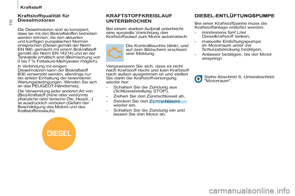 Peugeot Partner 2011 Owners Manual DIESEL
11 0
Kraftstoff
KRAFTSTOFFKREISLAUF
UNTERBROCHEN
Bei einem starken Aufprall unterbricht
eine spezielle Vorrichtung den
Kraftstoffzulauf zum Motor automatisch.
Die Kontrollleuc Peugeot Partner 2011 Owners Manual DIESEL
11 0
Kraftstoff
KRAFTSTOFFKREISLAUF
UNTERBROCHEN
Bei einem starken Aufprall unterbricht
eine spezielle Vorrichtung den
Kraftstoffzulauf zum Motor automatisch.
Die Kontrollleuc