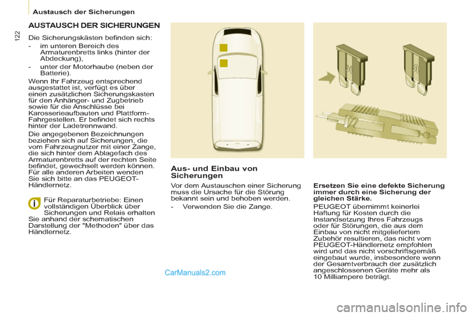 Peugeot Partner 2011 Owners Manual 122
Austausch der Sicherungen
AUSTAUSCH DER SICHERUNGEN
Die Sicherungskästen befi nden sich:
- im unteren Bereich des
Armaturenbretts links (hinter der
Abdeckung),
- Peugeot Partner 2011 Owners Manual 122
Austausch der Sicherungen
AUSTAUSCH DER SICHERUNGEN
Die Sicherungskästen befi nden sich:
- im unteren Bereich des
Armaturenbretts links (hinter der
Abdeckung),
-