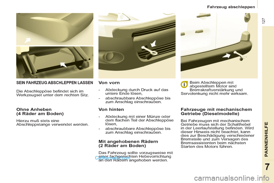 Peugeot Partner 2011 Owners Manual 127
PANNENHI
LFE
7
Fahrzeug abschleppen
Ohne Anheben
(4 Räder am Boden)
Hierzu muß stets eine
Abschleppstange verwendet werden.
SEIN FAHRZEUG ABSCHLEPPEN LASSEN
Von vorn
- Peugeot Partner 2011 Owners Manual 127
PANNENHI
LFE
7
Fahrzeug abschleppen
Ohne Anheben
(4 Räder am Boden)
Hierzu muß stets eine
Abschleppstange verwendet werden.
SEIN FAHRZEUG ABSCHLEPPEN LASSEN
Von vorn
-