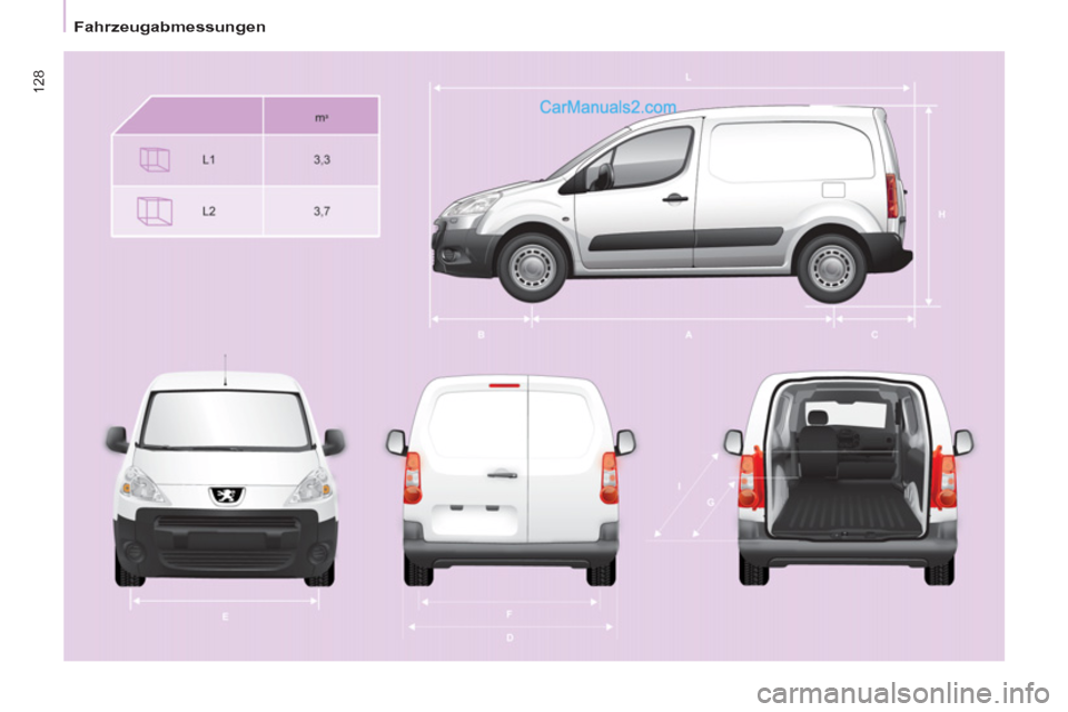 Peugeot Partner 2011 Owners Manual
Fahrzeugabmessungen
128 Peugeot Partner 2011 Owners Manual
Fahrzeugabmessungen
128