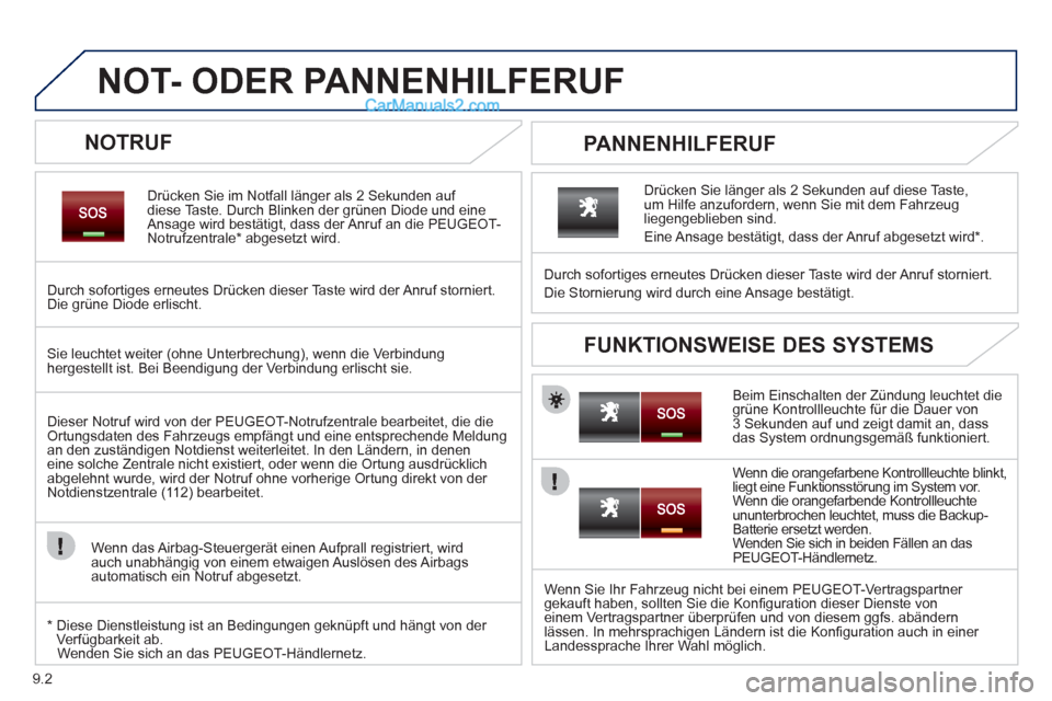 Peugeot Partner 2011 Owners Manual 9.2
NOT- ODER PANNENHILFERUF
NOTRUF
Drücken Sie im Notfall länger als 2 Sekunden auf
diese Taste. Durch Blinken der grünen Diode und eine
Ansage wird bestätigt, dass der Anruf Peugeot Partner 2011 Owners Manual 9.2
NOT- ODER PANNENHILFERUF
NOTRUF
Drücken Sie im Notfall länger als 2 Sekunden auf
diese Taste. Durch Blinken der grünen Diode und eine
Ansage wird bestätigt, dass der Anruf