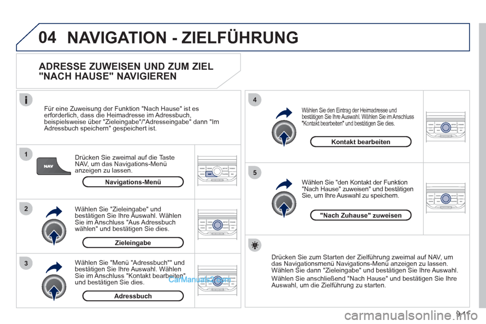 Peugeot Partner 2011 Owners Manual 9.11
04
1
2
3
5
4
NAVIGATION - ZIELFÜHRUNG
ADRESSE ZUWEISEN UND ZUM ZIEL
"NACH HAUSE" NAVIGIEREN
Drücken Sie zweimal auf die Taste
NAV, um das Navigations-Menü anzeigen zu lassen.
F
ü Peugeot Partner 2011 Owners Manual 9.11
04
1
2
3
5
4
NAVIGATION - ZIELFÜHRUNG
ADRESSE ZUWEISEN UND ZUM ZIEL
"NACH HAUSE" NAVIGIEREN
Drücken Sie zweimal auf die Taste
NAV, um das Navigations-Menü anzeigen zu lassen.
F
ü