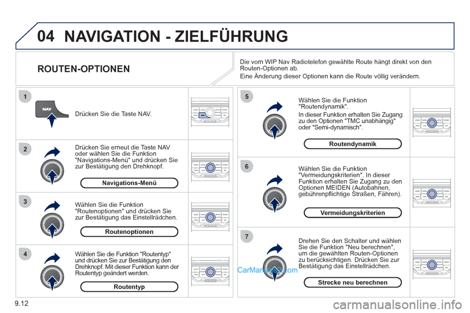 Peugeot Partner 2011 Owners Manual 9.12
04
4
3
2
1
7
6
5
NAVIGATION - ZIELFÜHRUNG
ROUTEN-OPTIONEN
Wählen Sie die Funktion
"Routendynamik".
In dieser Funktion erhalten
Sie Zugang
zu den Optionen "TMC unabhängig"
oder Peugeot Partner 2011 Owners Manual 9.12
04
4
3
2
1
7
6
5
NAVIGATION - ZIELFÜHRUNG
ROUTEN-OPTIONEN
Wählen Sie die Funktion
"Routendynamik".
In dieser Funktion erhalten
Sie Zugang
zu den Optionen "TMC unabhängig"
oder