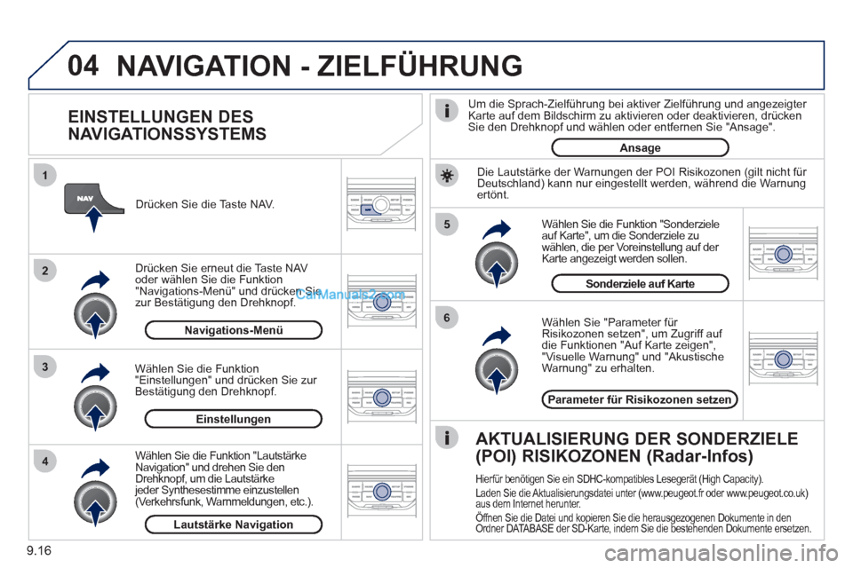 Peugeot Partner 2011 Owners Manual 9.16
04
5
6
3 2 1
4
EINSTELLUNGEN DES
NAVIGATIONSSYSTEMS
Wählen Sie "Parameter für Risikozonen setzen" , um Zugriff auf
die Funktionen "Auf Karte zeigen" ,
"Visuelle Warnung" und "A Peugeot Partner 2011 Owners Manual 9.16
04
5
6
3 2 1
4
EINSTELLUNGEN DES
NAVIGATIONSSYSTEMS
Wählen Sie "Parameter für Risikozonen setzen" , um Zugriff auf
die Funktionen "Auf Karte zeigen" ,
"Visuelle Warnung" und "A