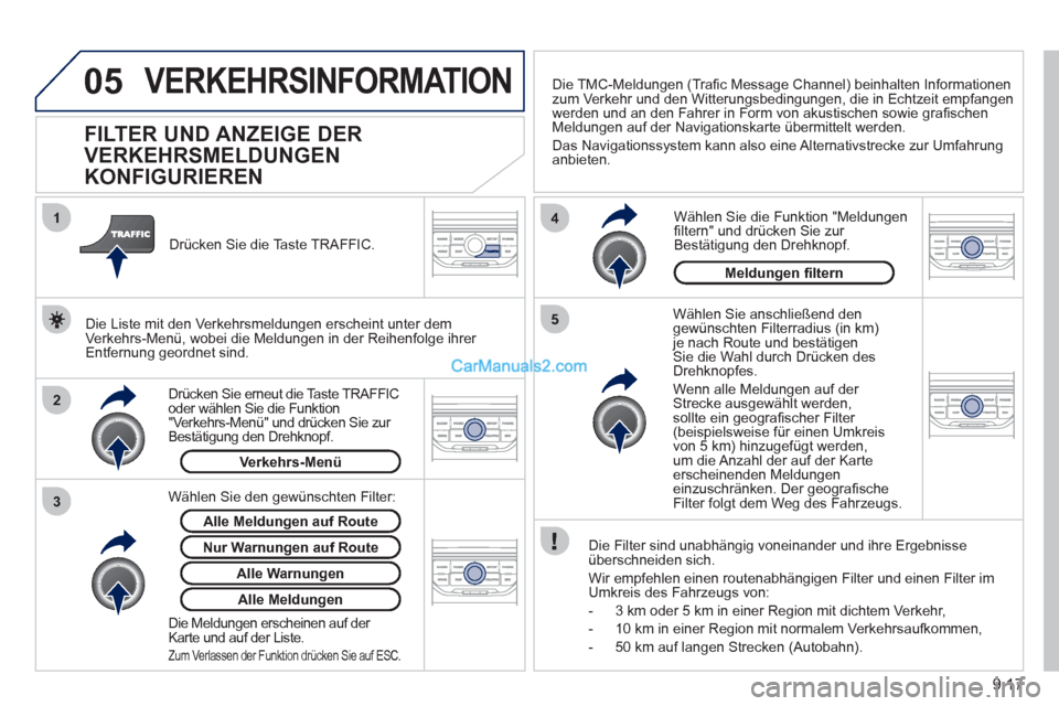 Peugeot Partner 2011 Owners Manual 9.17
05
2 1
3
4
5
VERKEHRSINFORMATION
FlLTER UND ANZEIGE DER
VERKEHRSMELDUNGEN
KONFIGURIEREN
Wählen Sie anschließend dengewünschten Filterradius (in km)je nach Route und Peugeot Partner 2011 Owners Manual 9.17
05
2 1
3
4
5
VERKEHRSINFORMATION
FlLTER UND ANZEIGE DER
VERKEHRSMELDUNGEN
KONFIGURIEREN
Wählen Sie anschließend dengewünschten Filterradius (in km)je nach Route und