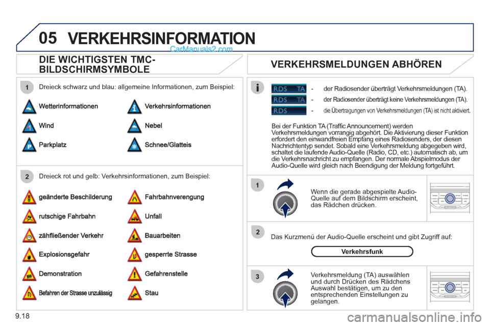 Peugeot Partner 2011 Service Manual 9.18
05
2 1
3
2 1
   
 
 
 
 
 
DIE WICHTIGSTEN TMC-
BILDSCHIRMSYMBOLE 
   Wenn die gerade abgespielte Audio-Quelle auf dem Bildschirm erscheint,das Rädchen drücken.  
   
Das Kurzmenü der Audio-
Q