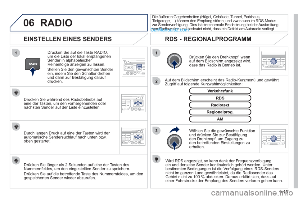 Peugeot Partner 2011 Owners Manual 9.19
06
3 2 1 1
EINSTELLEN EINES SENDERS
Drücken Sie den Drehknopf, wenn
auf dem Bildschirm angezeigt wird, dass das Radio in Betrieb ist.
Auf dem Bildschirm erscheint das Rad Peugeot Partner 2011 Owners Manual 9.19
06
3 2 1 1
EINSTELLEN EINES SENDERS
Drücken Sie den Drehknopf, wenn
auf dem Bildschirm angezeigt wird, dass das Radio in Betrieb ist.
Auf dem Bildschirm erscheint das Rad