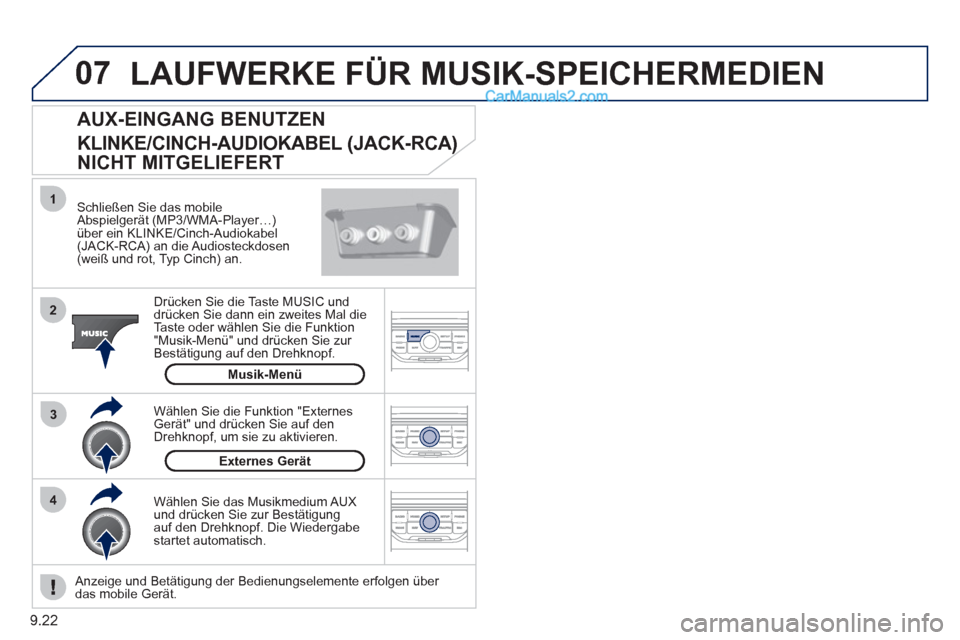 Peugeot Partner 2011  Owners Manual 9.22
07
43 1
2
  LAUFWERKE FÜR MUSIK-SPEICHERMEDIEN 
 
 Schließen Sie das mobileAbspielgerät (MP3/WMA-Player…)über ein KLINKE/Cinch-Audiokabel(JACK-RCA) an die Audiosteckdosen (weiß und rot, Ty