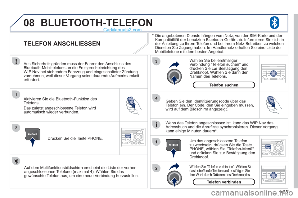 Peugeot Partner 2011 Owners Manual 9.23
08
1
2
3
2 1 4
*
Die angebotenen Dienste hängen vom Netz, von der SIM-Karte und der
Kompatibilität der benutzten Bluetooth-Geräte ab. Informieren Sie sich in
der Anleitung zu Ihrem Telefo Peugeot Partner 2011 Owners Manual 9.23
08
1
2
3
2 1 4
*
Die angebotenen Dienste hängen vom Netz, von der SIM-Karte und der
Kompatibilität der benutzten Bluetooth-Geräte ab. Informieren Sie sich in
der Anleitung zu Ihrem Telefo