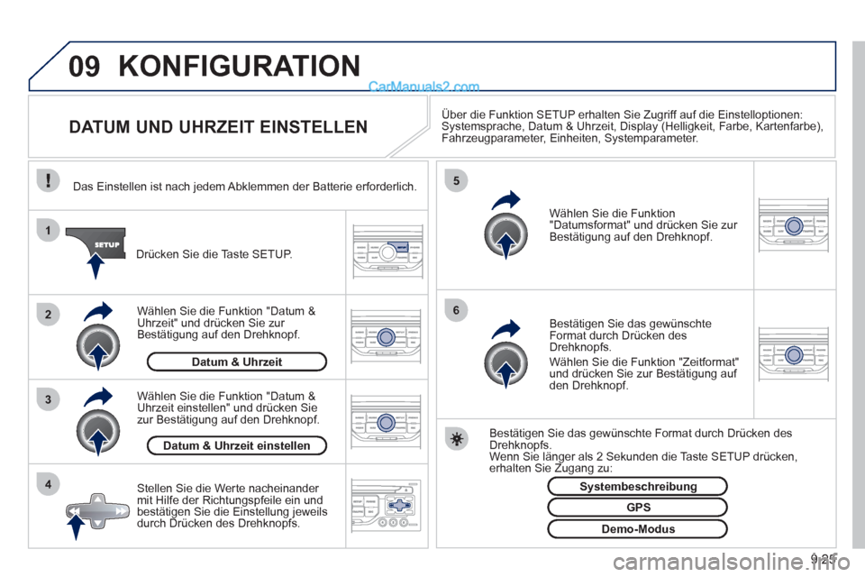 Peugeot Partner 2011  Owners Manual 9.25
09
4 3 2 1
65
KONFIGURATION 
   
 
 
 
 
 
 
 
 
 
 
 
 
 
 
DATUM UND UHRZEIT EINSTELLEN Über die Funktion SETUP erhalten Sie Zugriff auf die Einstelloptionen: Systemsprache, Datum & Uhrzeit, D