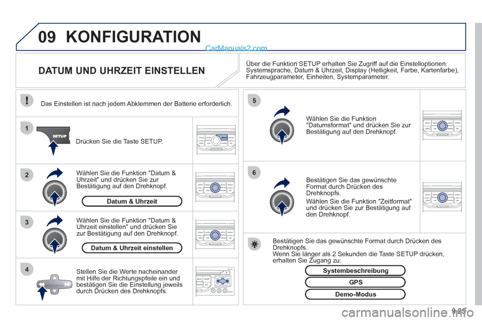 Peugeot Partner 2011 Owners Manual 9.25
09
4 3 2 1
65
KONFIGURATION
DATUM UND UHRZEIT EINSTELLEN Über die Funktion SETUP erhalten Sie Zugriff auf die Einstelloptionen: Systemsprache, Datum & Uhrzeit, D Peugeot Partner 2011 Owners Manual 9.25
09
4 3 2 1
65
KONFIGURATION
DATUM UND UHRZEIT EINSTELLEN Über die Funktion SETUP erhalten Sie Zugriff auf die Einstelloptionen: Systemsprache, Datum & Uhrzeit, D