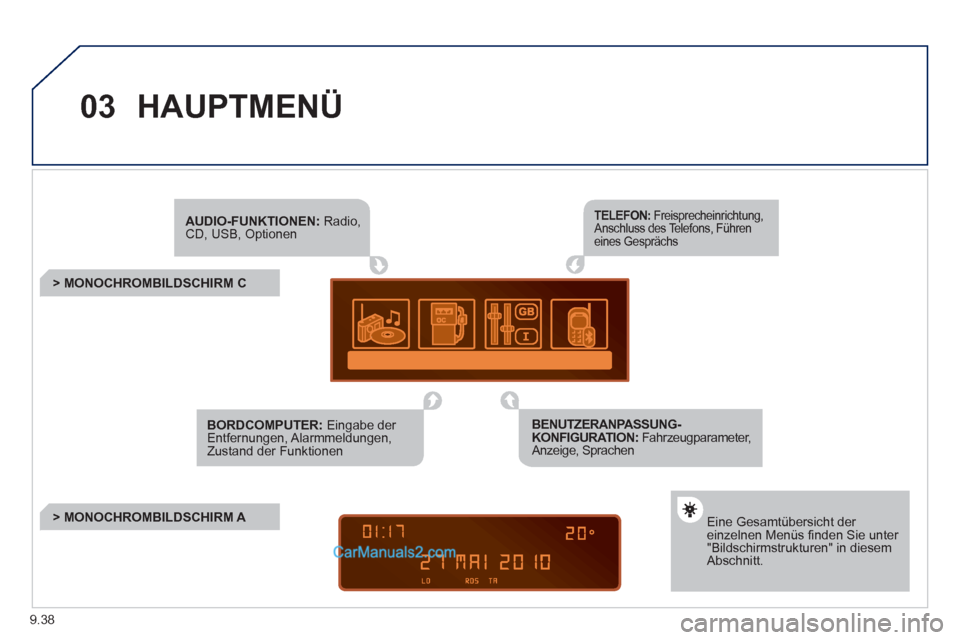 Peugeot Partner 2011 Owners Manual 9.38
03HAUPTMENÜ
AUDIO-FUNKTIONEN:Radio,CD, USB, Optionen
> MONOCHROMBILDSCHIRM C
Eine Gesamtübersicht der einzelnen Menüs fi nden Sie unter "Bildschirmstrukturen" in diesem Peugeot Partner 2011 Owners Manual 9.38
03HAUPTMENÜ
AUDIO-FUNKTIONEN:Radio,CD, USB, Optionen
> MONOCHROMBILDSCHIRM C
Eine Gesamtübersicht der einzelnen Menüs fi nden Sie unter "Bildschirmstrukturen" in diesem