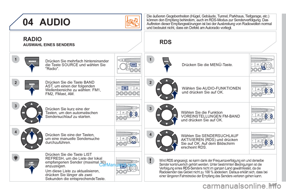 Peugeot Partner 2011 Owners Manual 9.39
04
1
2
3
4
1
2
3
4
AUDIO
Drücken Sie mehrfach hintereinander
die Taste SOURCE und wählen Sie"Radio".
Drücken
Sie die Taste BANDAST, um einen der folgenden
Wellenbereiche zu wählen: Peugeot Partner 2011 Owners Manual 9.39
04
1
2
3
4
1
2
3
4
AUDIO
Drücken Sie mehrfach hintereinander
die Taste SOURCE und wählen Sie"Radio".
Drücken
Sie die Taste BANDAST, um einen der folgenden
Wellenbereiche zu wählen: