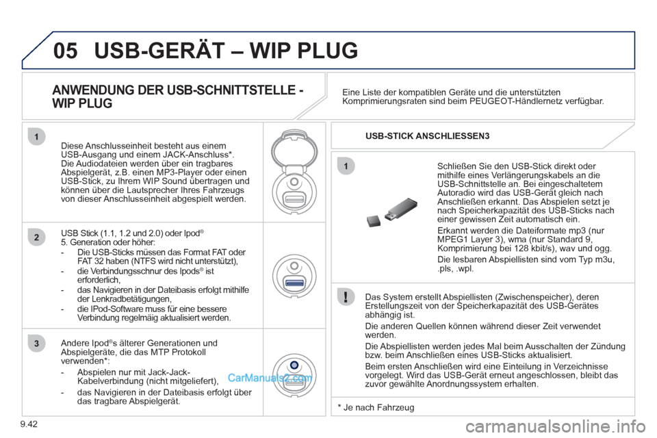 Peugeot Partner 2011 Service Manual 9.42
05
1
1
2
3
USB-GERÄT – WIP PLUG
   
Das System erstellt Abspiellisten (Zwischenspeicher), deren Erstellungszeit von der Speicherkapazität des USB-Gerätes
abhängig ist.
  Die anderen 
Quelle