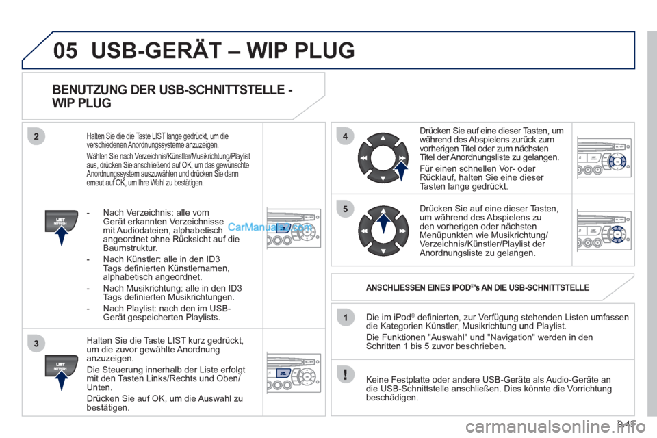 Peugeot Partner 2011 Workshop Manual 9.43
05
42
3
1
5
USB-GERÄT – WIP PLUG
   
BENUTZUNG DER USB-SCHNITTSTELLE - 
WIP PLUG 
   
Halten Sie die Taste LIST kurz gedrückt,
um die zuvor gewählte Anordnunganzuzeigen. 
  Die 
Steuerung in