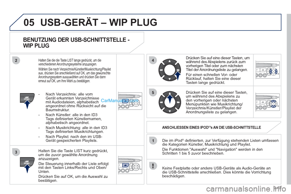 Peugeot Partner 2011 Owners Manual 9.43
05
42
3
1
5
USB-GERÄT – WIP PLUG
BENUTZUNG DER USB-SCHNITTSTELLE -
WIP PLUG
Halten Sie die Taste LIST kurz gedrückt,
um die zuvor gewählte Anordnunganzuzeigen.
Die
Steuerung in Peugeot Partner 2011 Owners Manual 9.43
05
42
3
1
5
USB-GERÄT – WIP PLUG
BENUTZUNG DER USB-SCHNITTSTELLE -
WIP PLUG
Halten Sie die Taste LIST kurz gedrückt,
um die zuvor gewählte Anordnunganzuzeigen.
Die
Steuerung in
