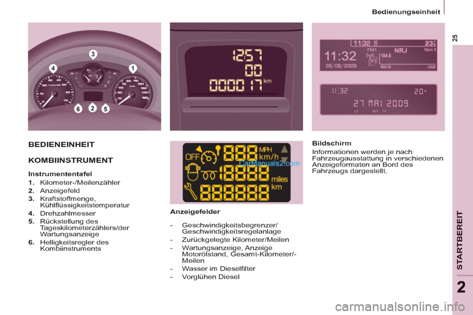 Peugeot Partner 2011 Owners Guide STARTBEREIT
22
   
 
Bedienungseinheit  
 
 BEDIENEINHEIT 
 
  KOMBIINSTRUMENT  
 
 
 
Instrumententafel 
   
 
1. 
 Kilometer-/Meilenzähler 
   
2. 
 Anzeigefeld 
   
3. 
 Kraftstoffmenge, 
Kühlﬂ