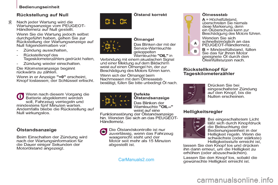 Peugeot Partner 2011  Owners Manual 36
Bedienungseinheit
   
Rückstellknopf für 
Tageskilometerzähler 
  Wenn nach diesem Vorgang die 
Batterie abgeklemmt werden 
soll, Fahrzeug verriegeln und 
mindestens fünf Minuten warten. 
Ander