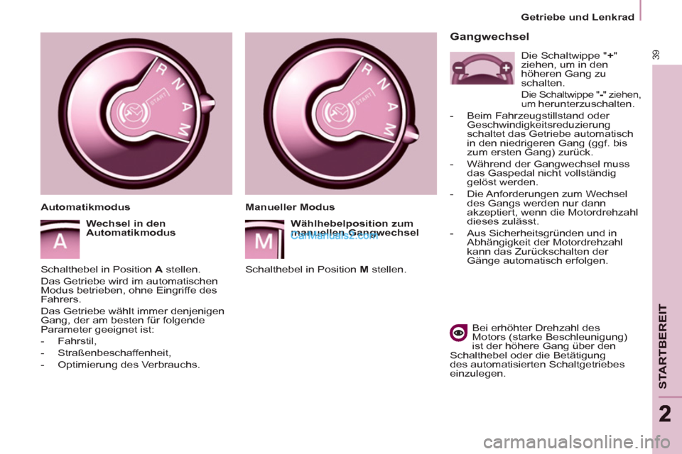 Peugeot Partner 2011 Service Manual 39
STARTBEREIT
22
Getriebe und Lenkrad
Gangwechsel
Bei erhöhter Drehzahl des
Motors (starke Beschleunigung)
ist der höhere Gang über den
Schalthebel oder die Betätigung
des automatisi Peugeot Partner 2011 Service Manual 39
STARTBEREIT
22
Getriebe und Lenkrad
Gangwechsel
Bei erhöhter Drehzahl des
Motors (starke Beschleunigung)
ist der höhere Gang über den
Schalthebel oder die Betätigung
des automatisi