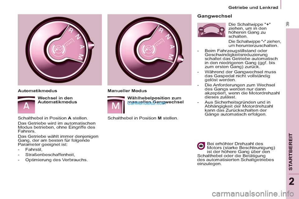 Peugeot Partner 2011 Service Manual 39
STARTBEREIT
22
Getriebe und Lenkrad
   
Gangwechsel 
 
 
Bei erhöhter Drehzahl des 
Motors (starke Beschleunigung) 
ist der höhere Gang über den 
Schalthebel oder die Betätigung 
des automatisi