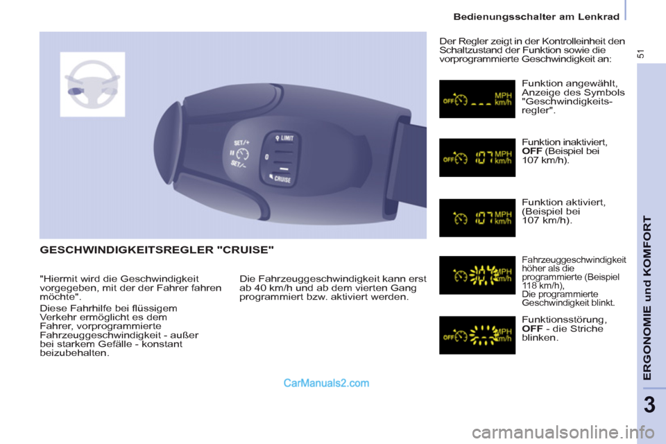 Peugeot Partner 2011 Workshop Manual 51
ERGONOMIE und KOMFOR
T
3
Bedienungsschalter am Lenkrad
GESCHWINDIGKEITSREGLER "CRUISE"
Die Fahrzeuggeschwindigkeit kann erst
ab 40 km/h und ab dem vierten Gang
programmiert bzw. ak Peugeot Partner 2011 Workshop Manual 51
ERGONOMIE und KOMFOR
T
3
Bedienungsschalter am Lenkrad
GESCHWINDIGKEITSREGLER "CRUISE"
Die Fahrzeuggeschwindigkeit kann erst
ab 40 km/h und ab dem vierten Gang
programmiert bzw. ak
