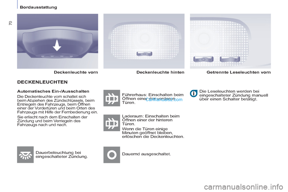 Peugeot Partner 2011 Manual PDF
Bordausstattung
70
Automatisches Ein-/Ausschalten
Die Deckenleuchte vorn schaltet sich
beim Abziehen des Zündschlüssels, beim
Entriegeln des Fahrzeugs, beim Öffnen
einer der Vor Peugeot Partner 2011 Manual PDF
Bordausstattung
70
Automatisches Ein-/Ausschalten
Die Deckenleuchte vorn schaltet sich
beim Abziehen des Zündschlüssels, beim
Entriegeln des Fahrzeugs, beim Öffnen
einer der Vor