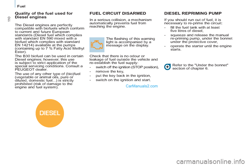 Peugeot Partner 2011 Owners Manual - RHD (UK, Australia) DIESEL
11 0
Fuel
FUEL CIRCUIT DISARMED
In a serious collision, a mechanism
automatically prevents fuel from
reaching the engine.
The fl ashing of this warning
light is accompanied by a
me Peugeot Partner 2011 Owners Manual - RHD (UK, Australia) DIESEL
11 0
Fuel
FUEL CIRCUIT DISARMED
In a serious collision, a mechanism
automatically prevents fuel from
reaching the engine.
The fl ashing of this warning
light is accompanied by a
me