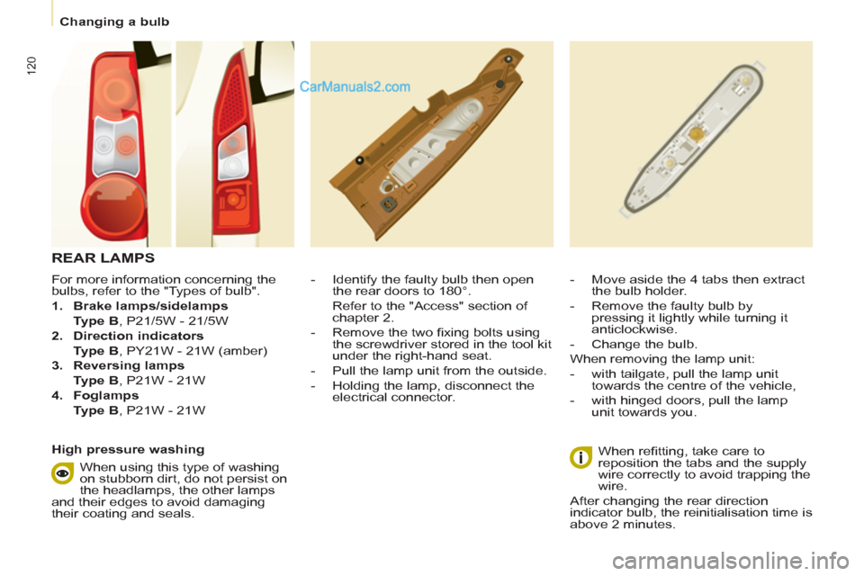 Peugeot Partner 2011 Owners Manual - RHD (UK, Australia) 120
Changing a bulb
For more information concerning the
bulbs, refer to the "Types of bulb".
1.
Brake lamps/sidelamps
Type B
, P21/5W - 21/5W
2.
Direction indi Peugeot Partner 2011 Owners Manual - RHD (UK, Australia) 120
Changing a bulb
For more information concerning the
bulbs, refer to the "Types of bulb".
1.
Brake lamps/sidelamps
Type B
, P21/5W - 21/5W
2.
Direction indi